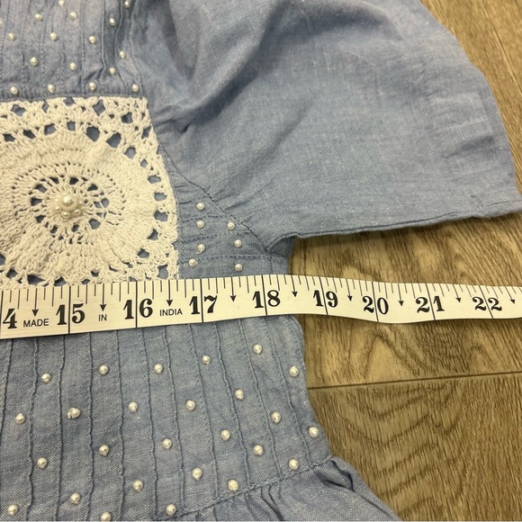 Blue chambray Lace crochet pearl floral patchwork vintage with pocket size large - Picture 9 of 10